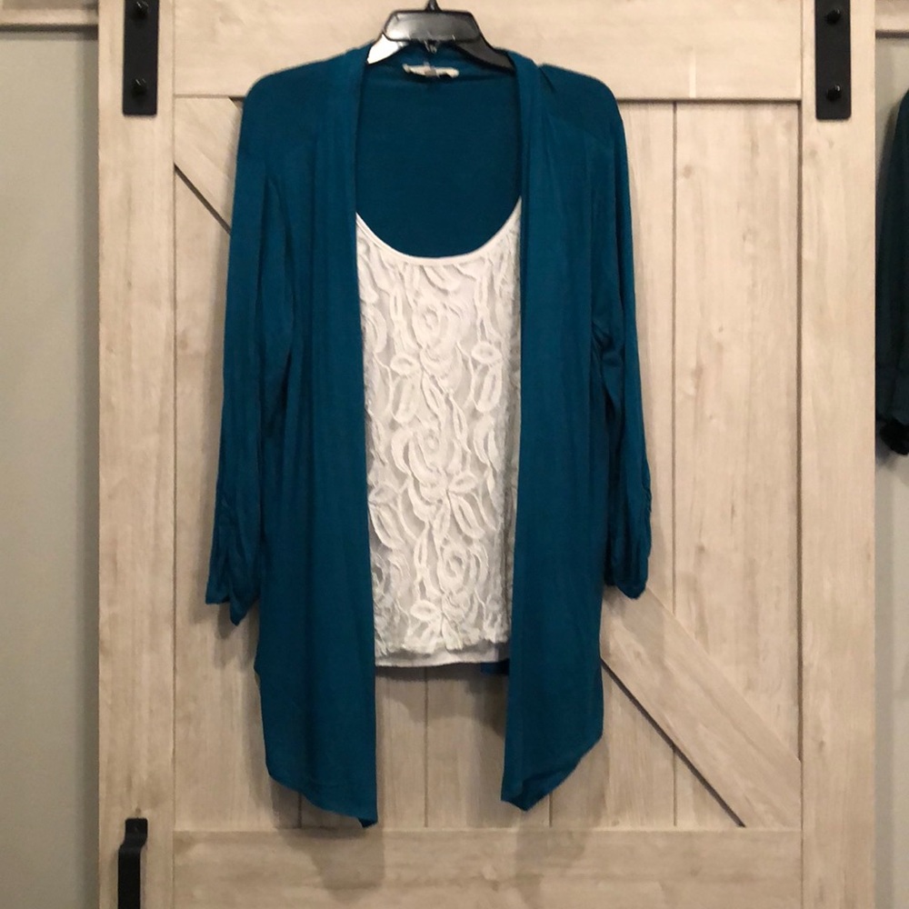 Teal and ivory 3/4 sleeve cardigan blouse